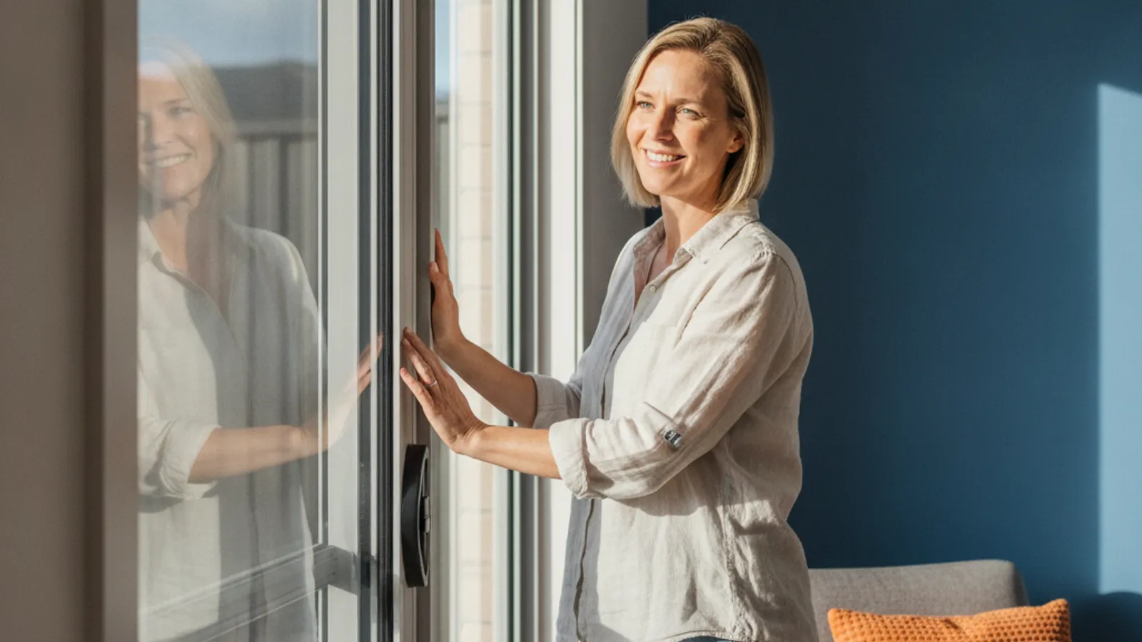 Homeowner touching a new aluminium sliding door in sunlit room, conveying quality and warranty confidence.