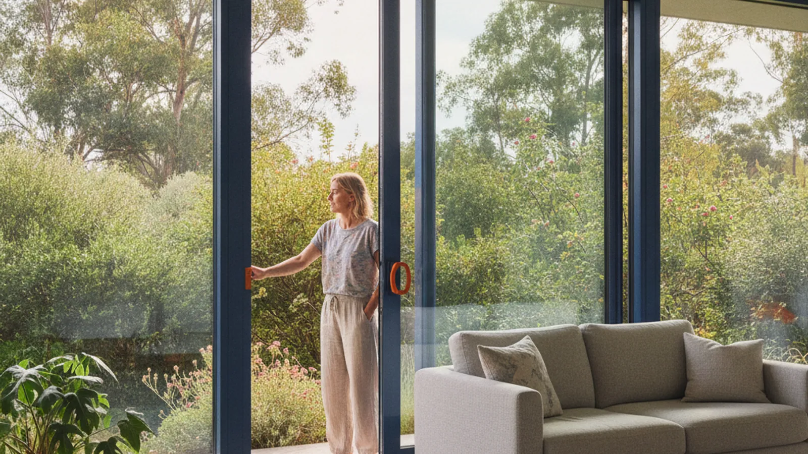 Person adjusting a blue aluminium sliding door in a sunlit living room, garden visible outside.